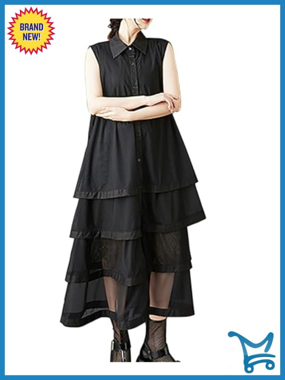 Women's Sleeveless Button Down Shirt Dress with Lace Hem, Cotton Blend, Loose